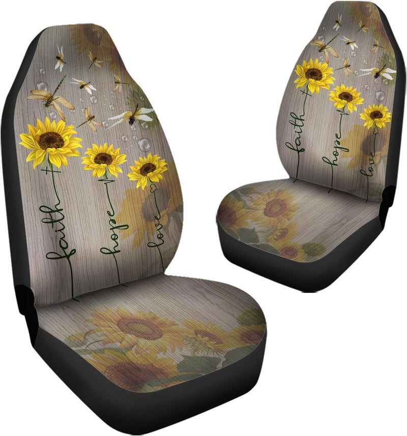 Howilath Sunflowers & Dragonfly Print Seat Covers for Women Men Car Seat Covers, 2pcs Car Accessories High Back Front Seat Covers - Image 3
